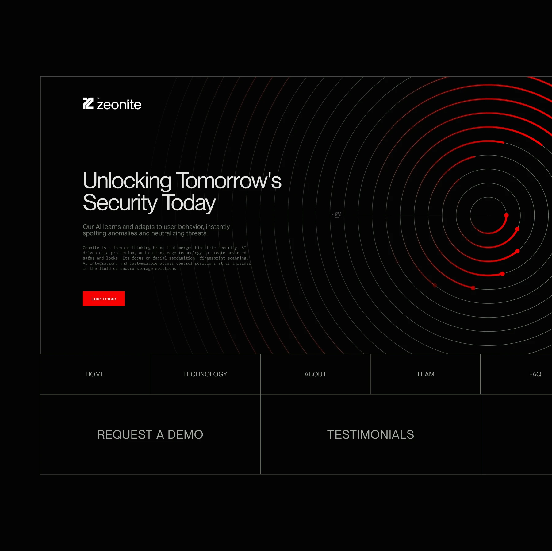 Zeonite website home, Unlocking Tomorrow's Security Today, with red fingerprint rings